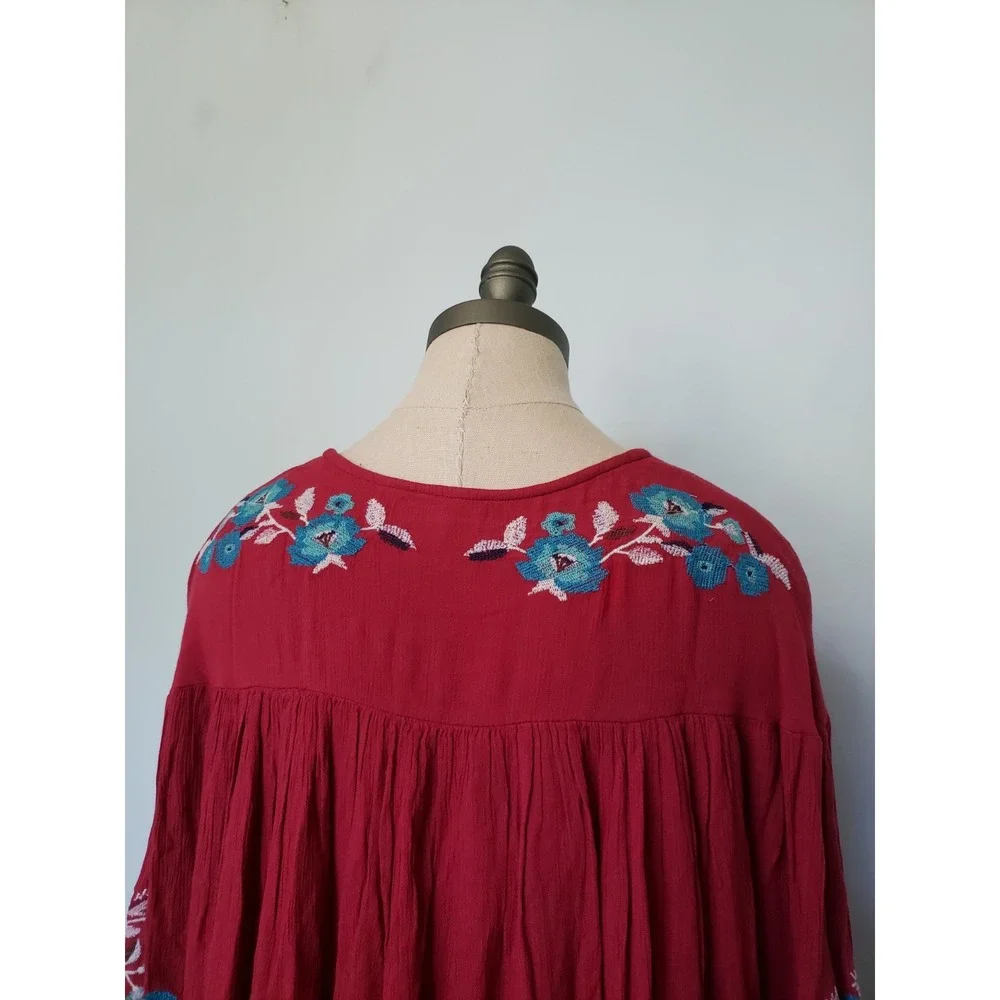 Free People Te Amo Womens S Mini Dress Red Floral Embroidered Boho Flared Sleeve